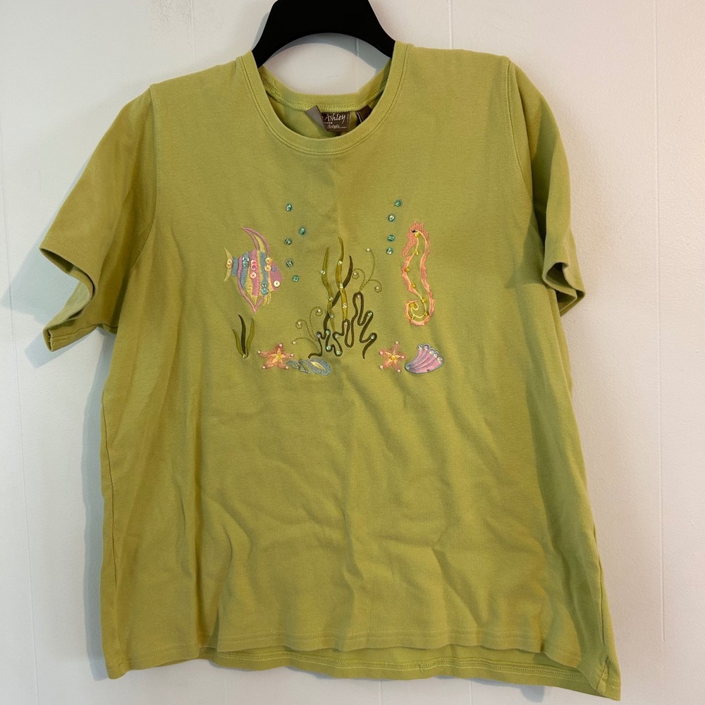 Jane Ashley Woman Lime Green Cotton Sea Life Embroidered Sequin T-Shirt 2X